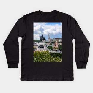 St. Matthias and Fishermen's Bastion and Statue of Count Gyula Andrassy in Budapest, Hungary Kids Long Sleeve T-Shirt